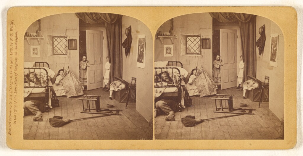 Franklin G. Weller, 'Hide and Go Seek,' albumin silver stereoview (1873), The J. Paul Getty Museum, Los Angeles, Gift of Weston J. and Mary M. Naef, 84.XC.979.8987 Two nearly identical side-by-side sepia-toned photographs of children playing hide-and-seek in a Victorian bedroom