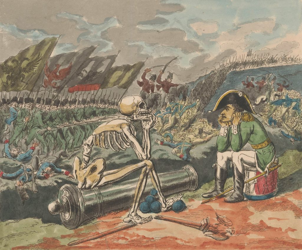 An 18th-century comic print, in color, of a skeleton seated on a cannon, facing Napoleon, seated on a drum, as soldiers fight and die behind them