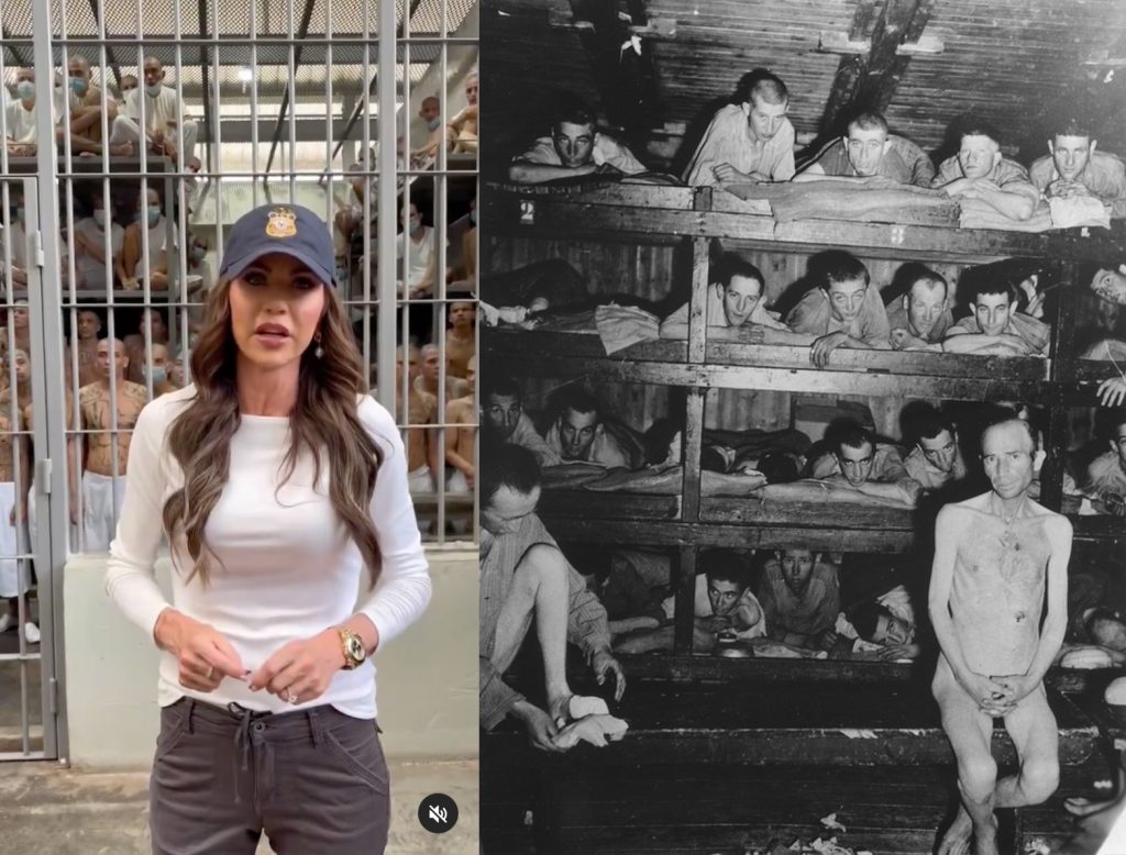 On the left, a color photograph of a woman in a blue baseball cap with long wavy hair, wearing a tight-fitting white jersey and drawstring gray cargo pants, in front of a cell inside of which can be seen prisoners standing and sitting on bunks. On the right, a black-and-white photograph of concentration camp survivors, sitting and lying in bunks inside a barracks at Buchenwald.