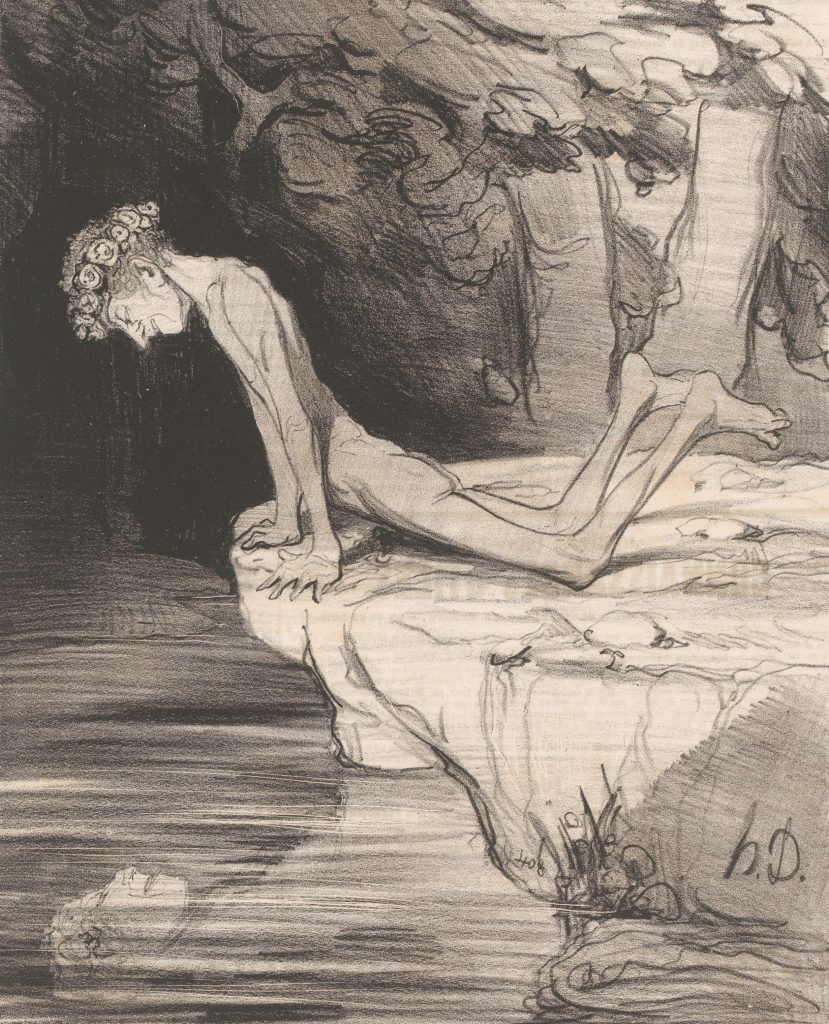 Honoré Daumier, Le beau Narcisse (1842): A black-and-white lithograph from 1842 of a skinny naked man grinning lasciviously at his reflection in a pool below Honoré Daumier, Le beau Narcisse (1842): A black-and-white lithograph from 1842 of a skinny naked man grinning lasciviously at his reflection in a pool below