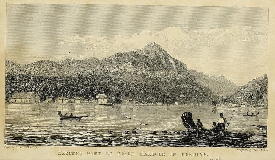 Eastern Part of Fa-Re Harbor, In Huahine, drawing by Capt. R. Elliott, engraved by W. Le Petit, frontispiece to William Ellis, Polynesian Researches, vol. 3